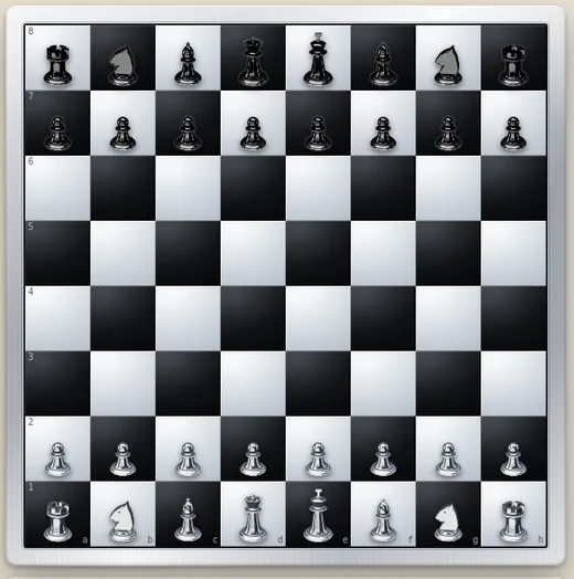 Chess board with silver and black pieces