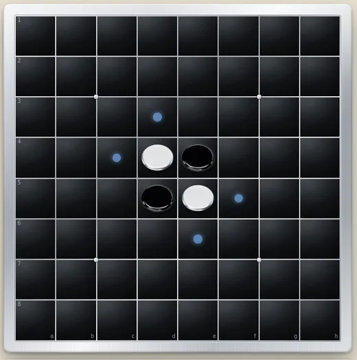 Reversi board with the four starting discs and legal moves marked